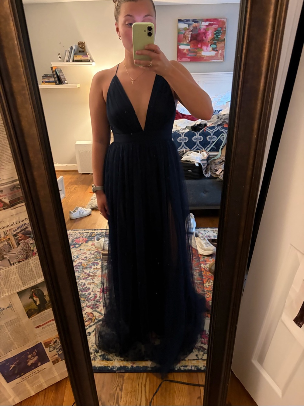 Windsor Navy Plunging V-Neck Tulle Maxi Dress